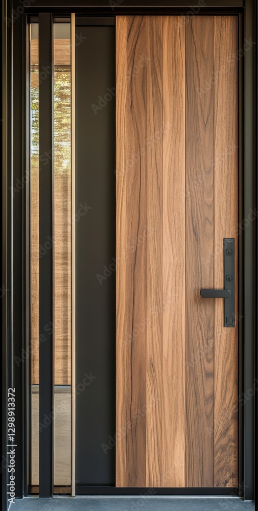 Obraz premium Modern Wood and Metal Front Door with Glass Side Panel