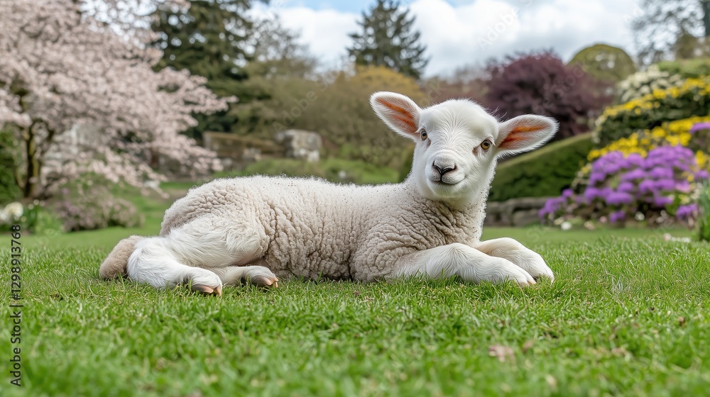 A fluffy lamb resting on green grass in a beautiful garden setting. A fluffy lamb resting on green grass in a beautiful garden setting.