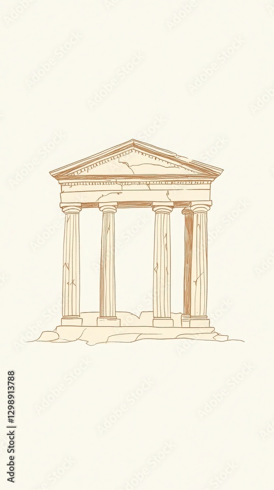 Fototapeta premium Beige Stone Temple Illustration With Three Columns and Facade Details with Pedestals and Cornice Architecture Illustration of Heritage Building with Symmetry and Geometric Design Elements. Sketch