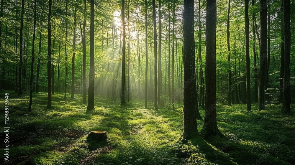 Obraz premium Sunlit Forest Path Mossy Ground Tree Trunks