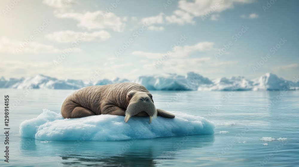 Fototapeta premium A majestic walin resting peacefully on a floating piece of ice in a tranquil icy landscape showcasing the beauty of nature and wildlife in harmony