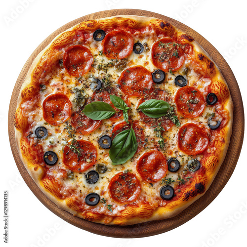 Perfectly Baked Pepperoni Pizza With Olives and Fresh Basil on Wooden Board