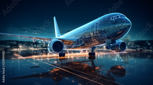 Futuristic Aeronautical Engineering Digital Technology Energy and Data Aircraft Illuminated at Night in Urban Cityscape