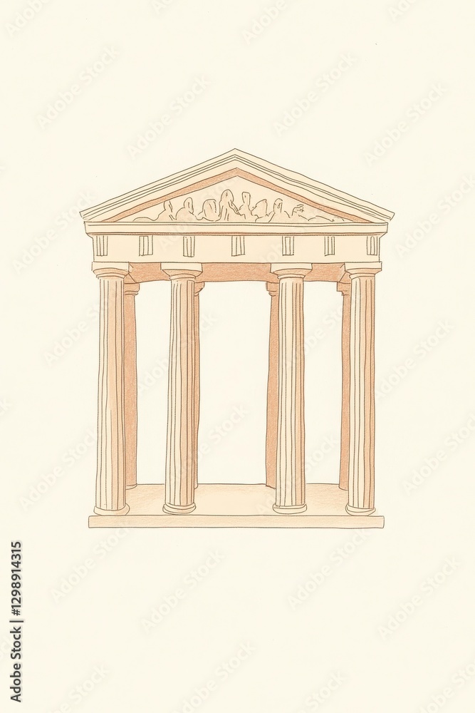 Fototapeta premium Beige Tan Classical Temple Illustration Minimalist Line Art Drawing