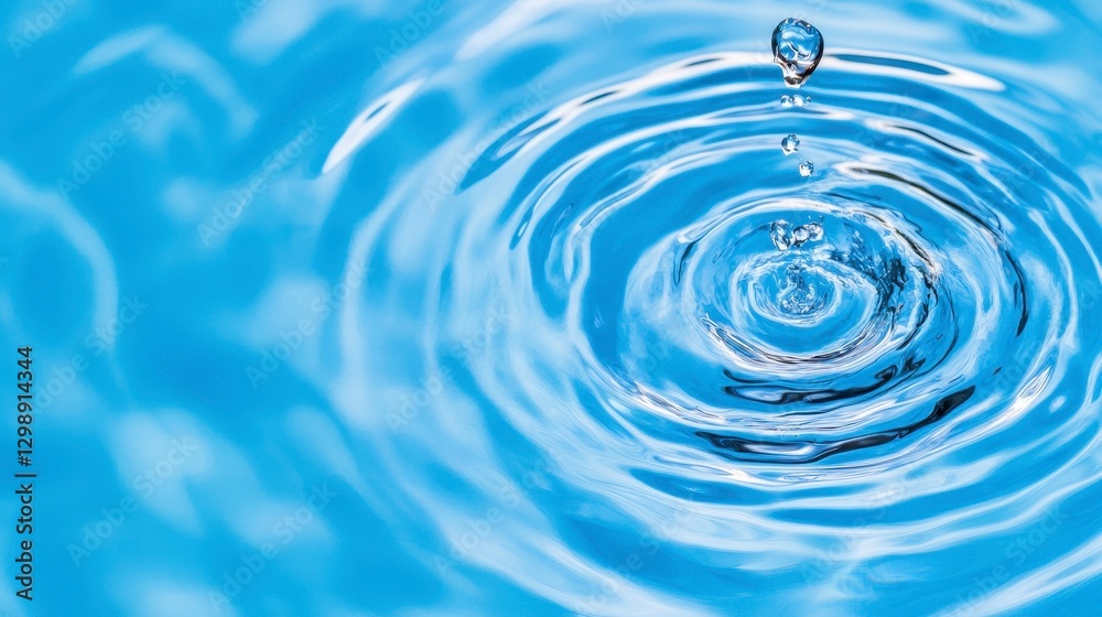 Droplet Creating Ripples on Calm Blue Water Surface Droplet Creating Ripples on Calm Blue Water Surface