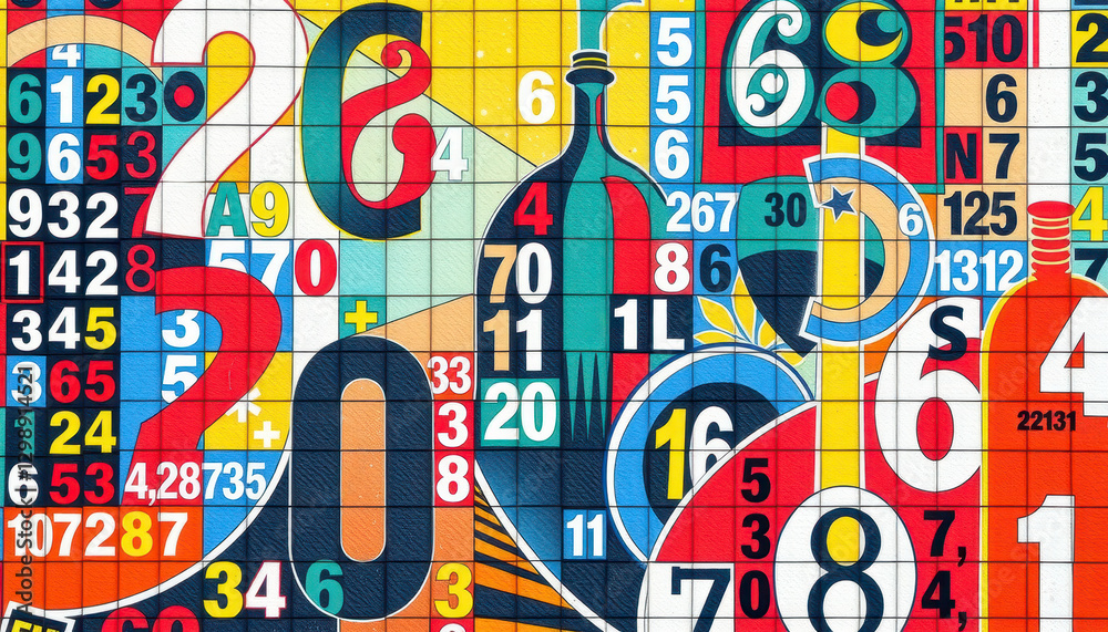 Obraz premium Abstract design background of numbers in different sizes and fonts distributed in different ways over a colorful canvas.