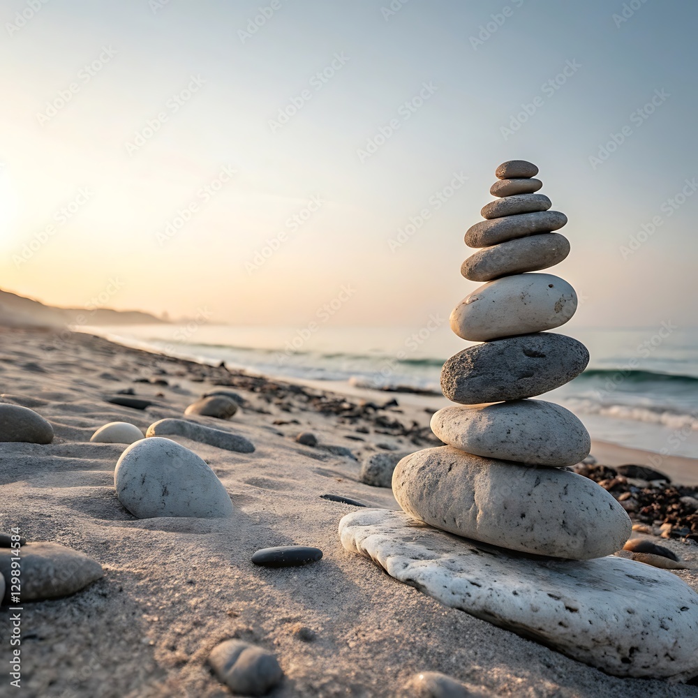 Fototapeta premium Serene Beach Sunset Balanced Stones, Zen Composition, Coastal Photography