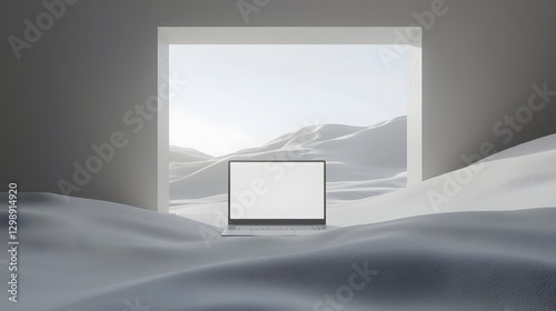 Modern Laptop with Blank White Screen on Clean White Background Workspace