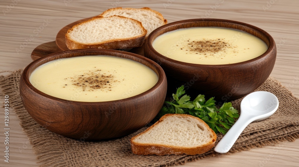Savor the rich, creamy soup, elegantly presented in charming wooden bowls, accompanied by fresh slices of bread, all set atop a rustic wooden table Savor the rich, creamy soup, elegantly presented in charming wooden bowls, accompanied by fresh slices of bread, all set atop a rustic wooden table
