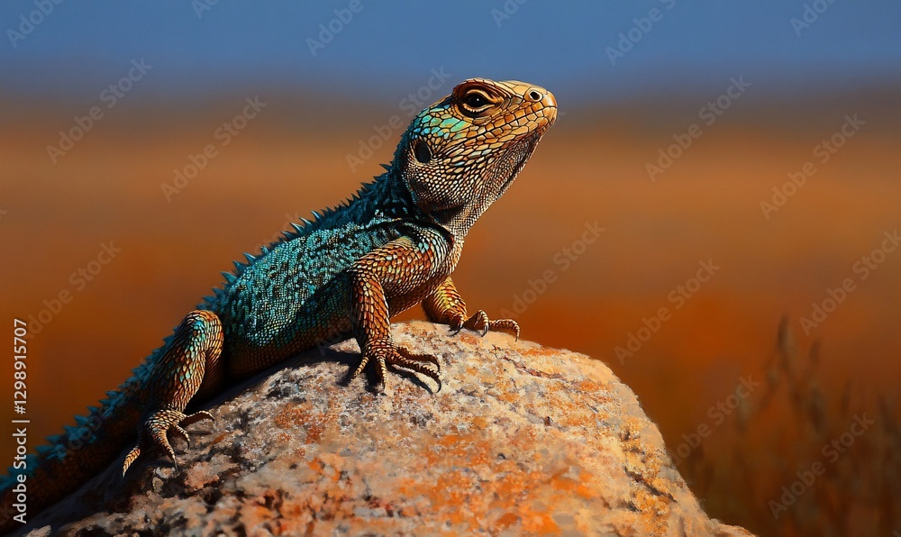 A colorful spiny lizard perched atop a sun-drenched rock formation with a desert backdrop A colorful spiny lizard perched atop a sun-drenched rock formation with a desert backdrop