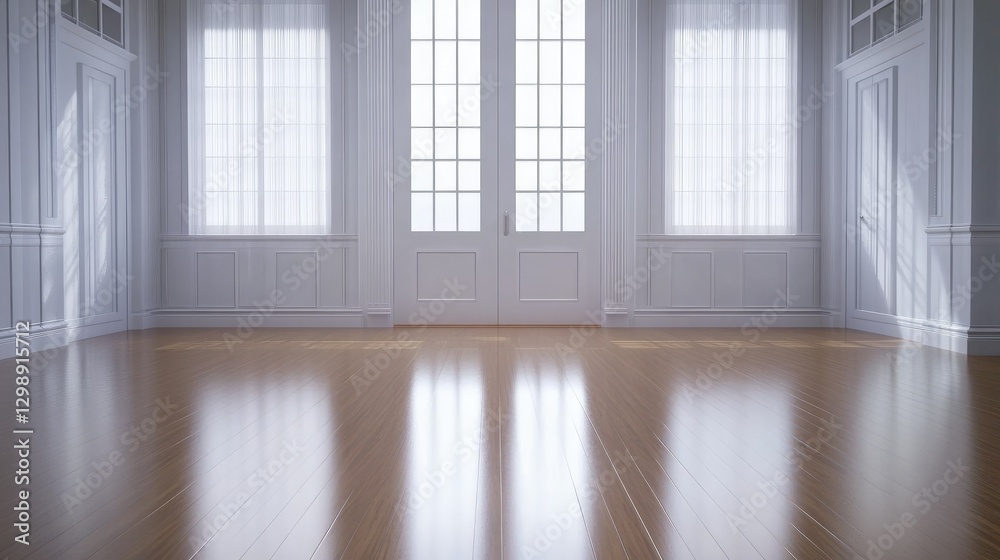 Fototapeta premium Bright and spacious room with large windows casting light onto polished wooden floor in a modern architectural setting