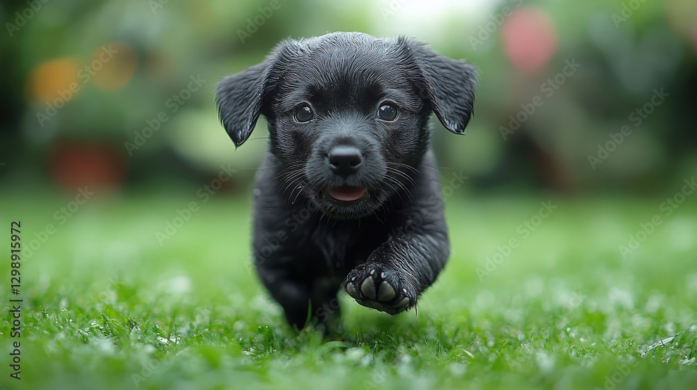 Wet Black Lab Puppy Running on Green Grass Wet Black Lab Puppy Running on Green Grass