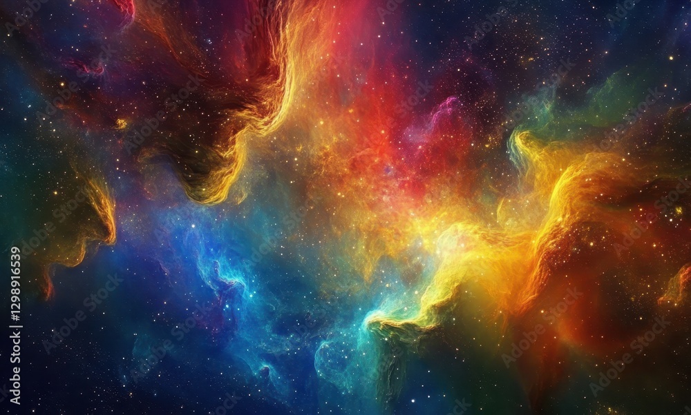 Fototapeta premium Colorful cosmic nebula with swirling gaseous clouds and sparkling stars in vibrant shades of red, orange, blue, and yellow in vast galaxy backdrop