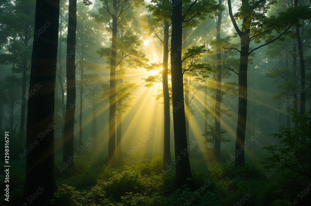 Obraz premium A breathtaking misty forest scene with warm rays of sunlight shining through the trees.