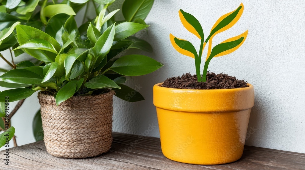Fototapeta premium Bright Indoor Plant with Yellow Pot and Green Leaves on Wooden Table