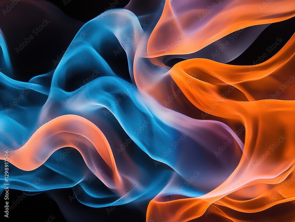 Obraz premium Colorful flowing smoke abstract design in shades of blue and orange with a dark background, creating a sense of motion and depth in the composition