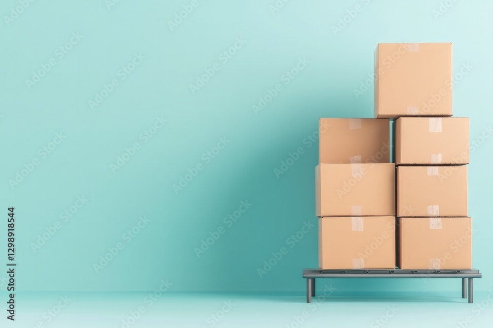 minimalistic stock photo of stack of neatly labeled cardboard boxes on metal rack representing systematic inventory
