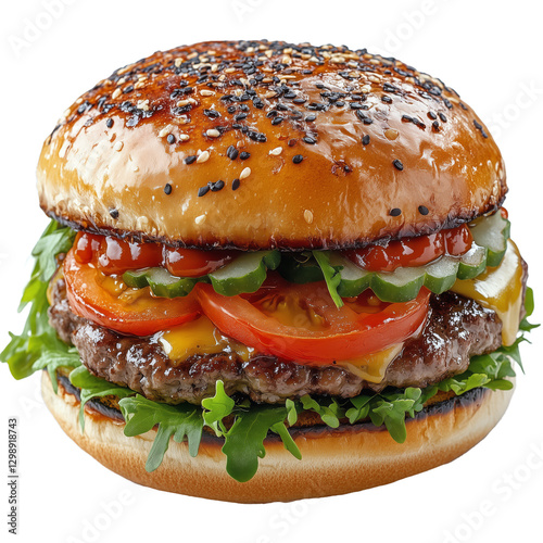 Juicy Burger With Fresh Toppings Served on a Sesame Seed Bun at a Casual Dini...