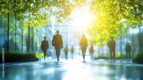 Blurred Background of People Walking in a Modern Urban Environment with Greenery and Sunlight