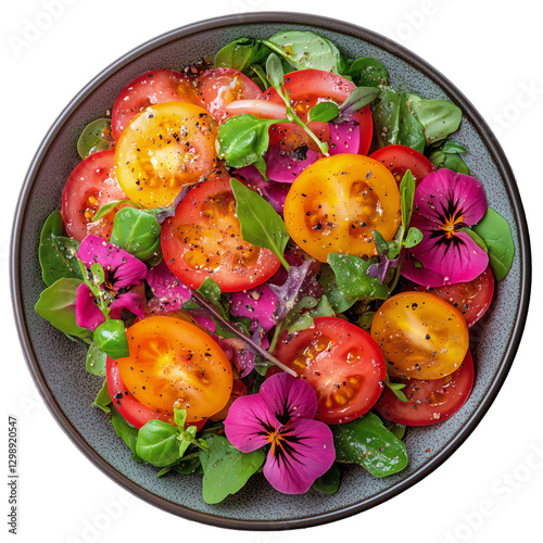 Colorful Salad With Fresh Tomatoes and Edible Flowers Served in a Bowl