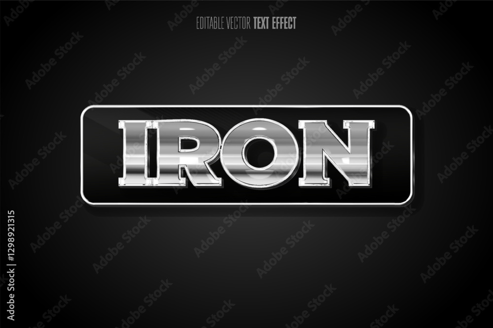 Glossy silver text spelling IRON in a polished, detailed style against a dark background, showcasing modern vector art design