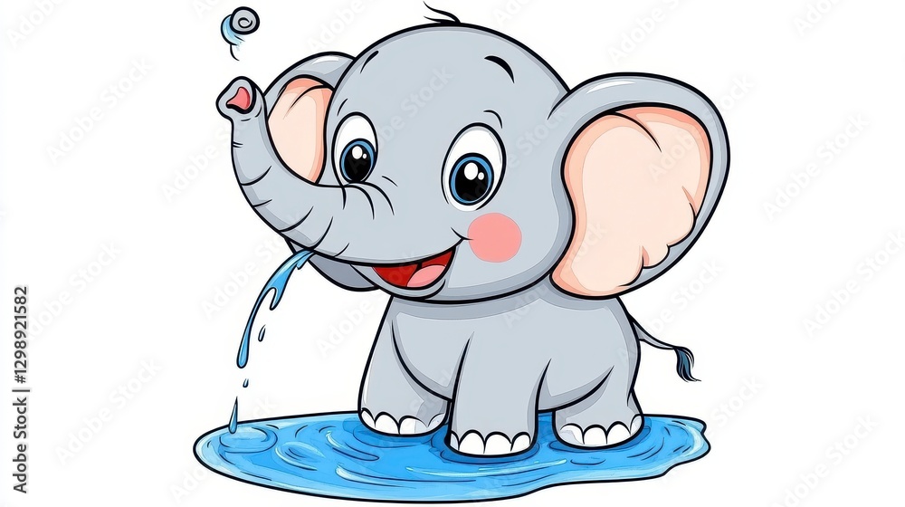 Obraz premium Cute Cartoon Elephant with Water Splashing in a Playful Scene