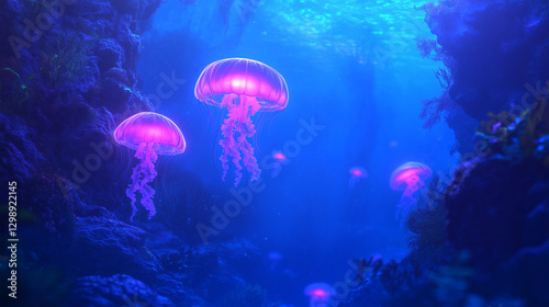Luminous jellyfish glowing in a deep blue ocean underwater habitat
