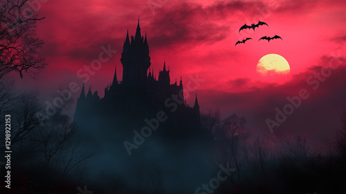 Mysterious castle silhouette against a vibrant red sky with bats flying at dusk