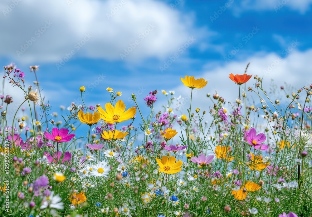 Obraz premium Colorful Wildflower Meadow Under Blue Sky with Fluffy White Clouds in Springtime, Nature's Beauty in Full Bloom, Captivating Floral Landscape