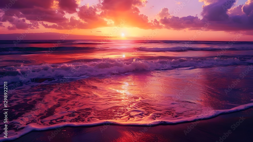 Fototapeta premium Vibrant Tropical Beach Sunset Reflecting on Tranquil Ocean Waves