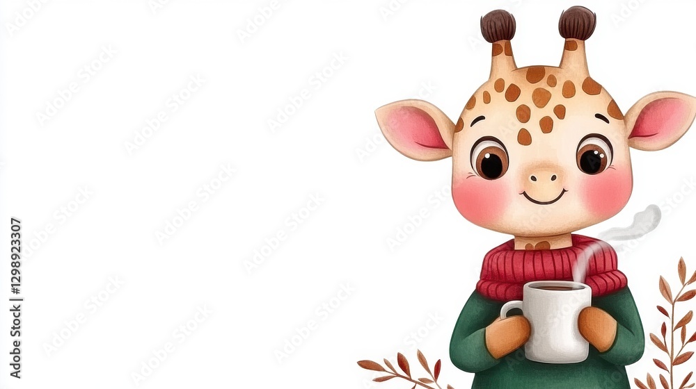 Fototapeta premium Cute Giraffe Character Holding Mug with Steam and Cozy Scarf