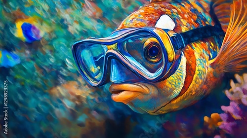 Colorful fish wearing scuba diving goggles photo