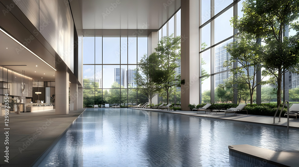 Indoor Swimming Pool With Large Windows and Trees Under Bright Daylight Indoor Swimming Pool With Large Windows and Trees Under Bright Daylight