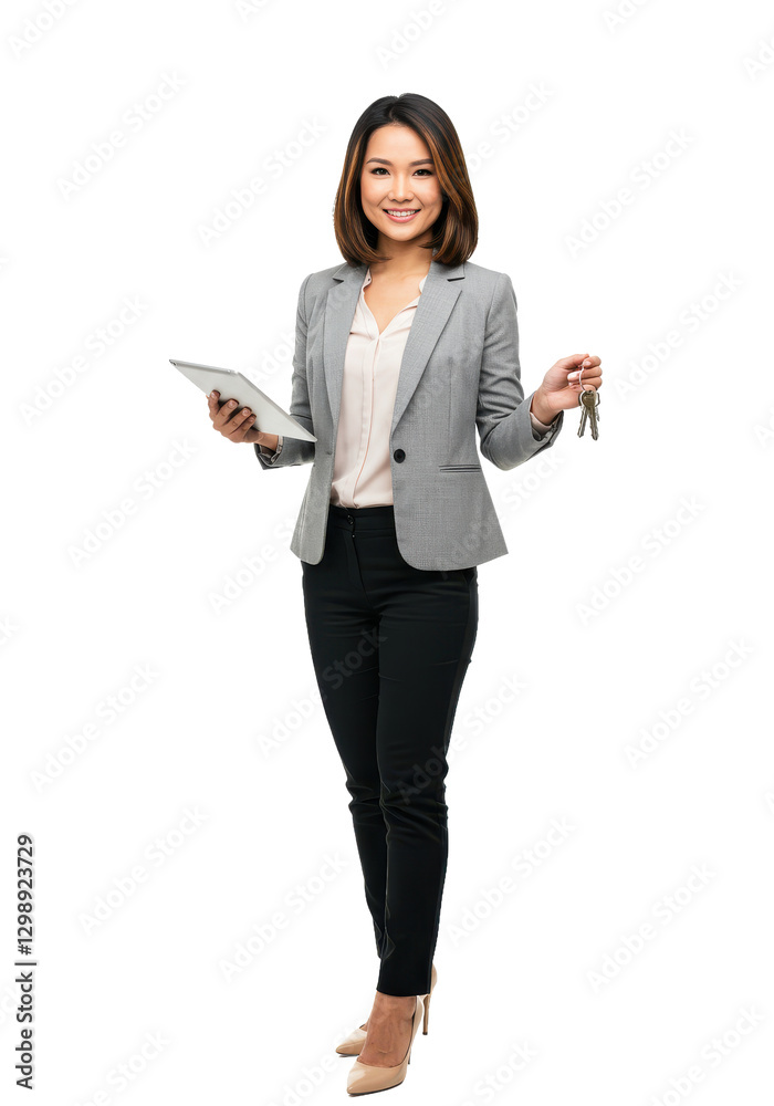 Professional woman holding a tablet and a key, smiling confidently in a studio isolated on transparent background PNG image Professional woman holding a tablet and a key, smiling confidently in a studio isolated on transparent background PNG image