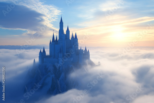 Majestic castle rising above clouds at sunrise in a serene landscape