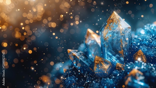 Close-Up Macro Photography of an Intricate Blue and Gold Gemstone: Glittering Particles with Bokeh Effect on a Dark Background