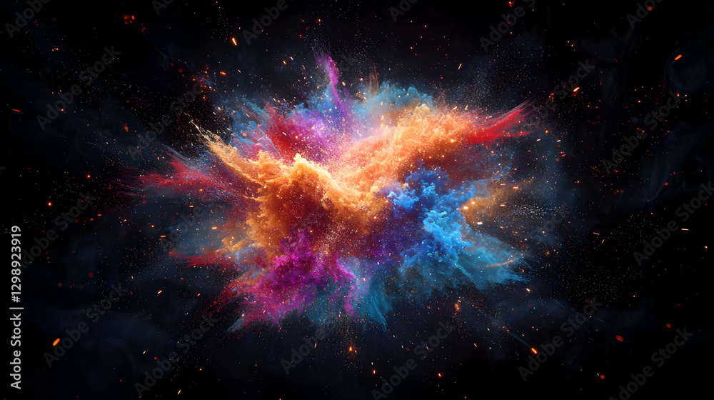 Colorful Powder Explosion Against Black Background Displaying Dynamic Movement And Bright Light Colorful Powder Explosion Against Black Background Displaying Dynamic Movement And Bright Light