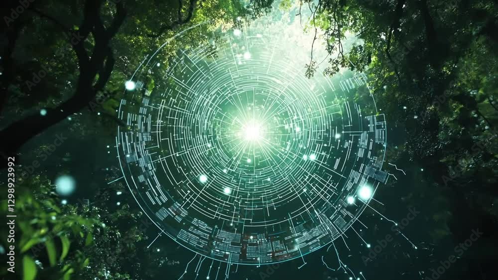 Digital Portal in Lush Forest: A Surreal Nature Tech Scene