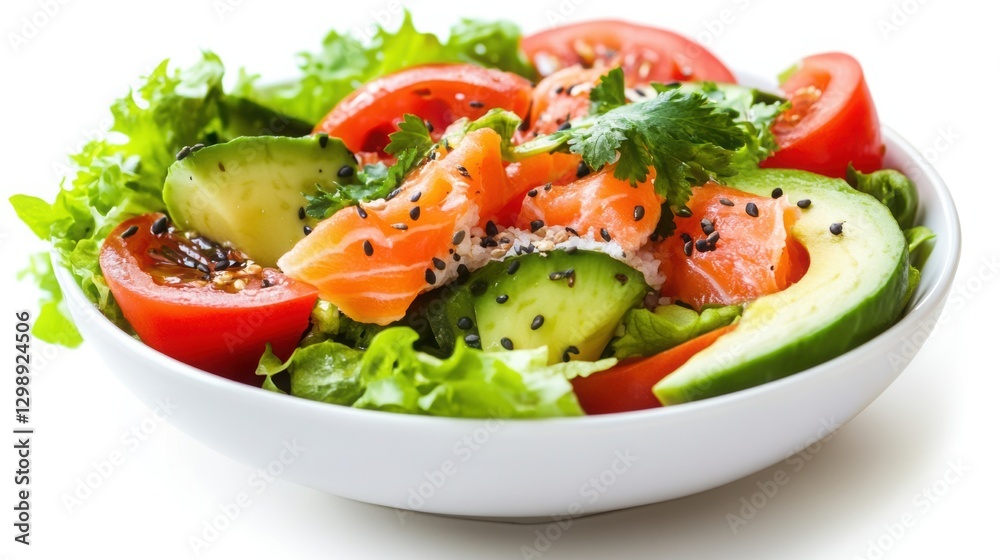 Fresh salad with avocado and salmon on a white background. Fresh salad with avocado and salmon on a white background.