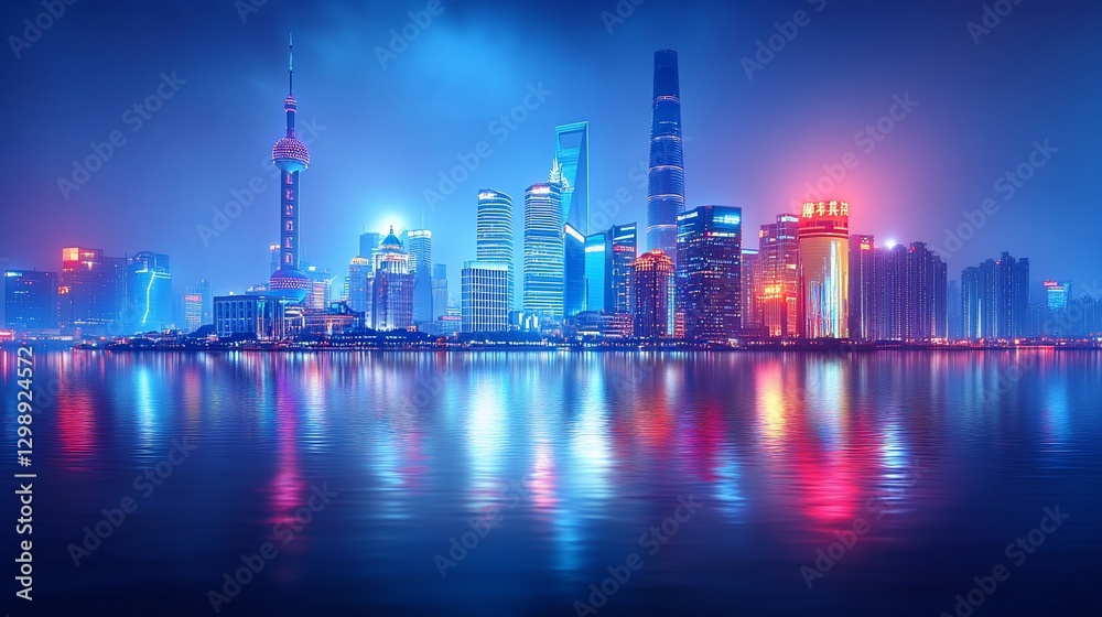 Fototapeta premium Night Skyline of Shanghai City Reflecting on Water