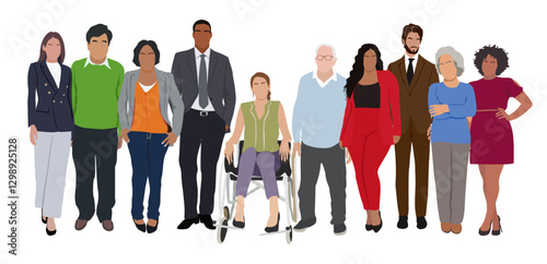 Multinational business team. Vector illustration of diverse cartoon men and women of various ethnicities, ages and body type in office outfits. Big Set of different business people. Isolated