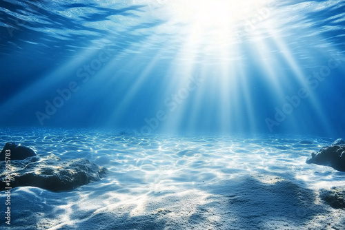 Underwater landscape with sun rays illuminating the ocean floor in a tranquil blue environment