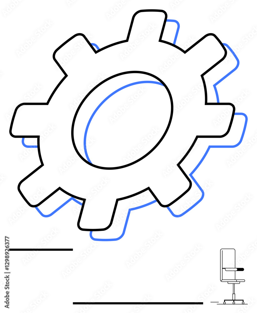 Oversized gear symbolizing system processes and efficiency paired with a minimalist office chair. Ideal for teamwork, productivity, strategy, business operations, problem-solving, innovation Oversized gear symbolizing system processes and efficiency paired with a minimalist office chair. Ideal for teamwork, productivity, strategy, business operations, problem-solving, innovation
