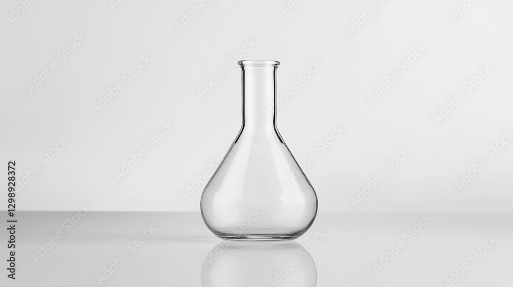 A clear glass laboratory flask with a smooth surface, isolated on a white background. A clear glass laboratory flask with a smooth surface, isolated on a white background.