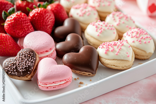 Desserts arranged on a tray with strawberries and heart-shaped treats for a celebration