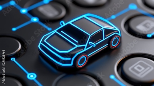 Futuristic Neon Car Icon on Abstract Digital Keyboard Background