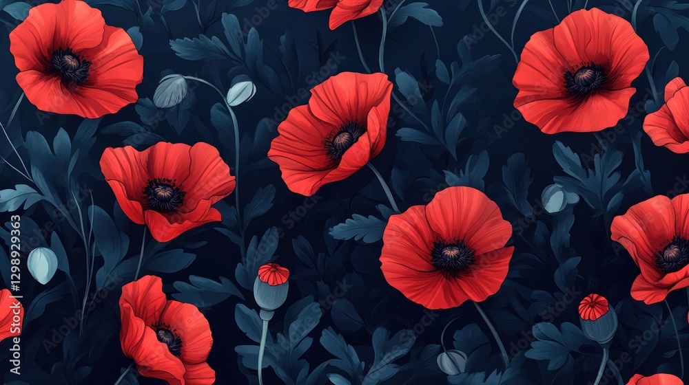 custom made wallpaper toronto digitalDark Night Poppy Floral Pattern