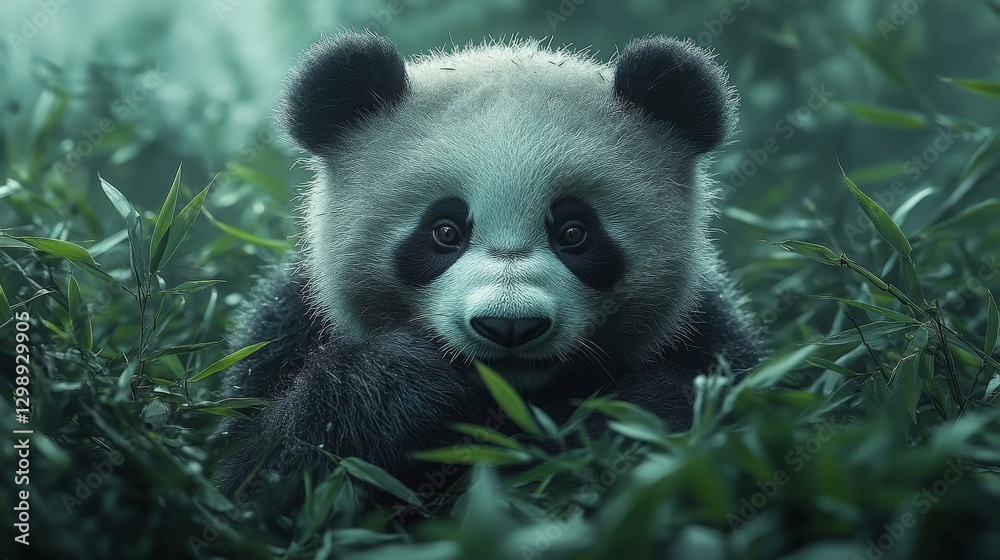 Fototapeta premium Adorable Panda Cub Amidst Lush Bamboo Forest