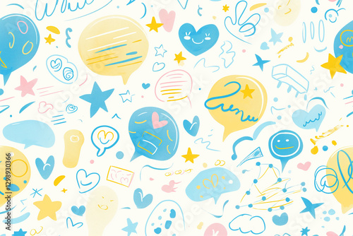 A vibrant and whimsical illustrated pattern depicting lively conversations through symbolic designs