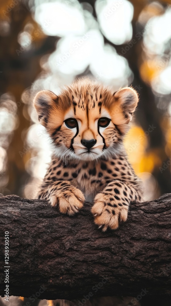 Obraz premium A young cheetah observes the surroundings from a tree branch, illuminated by warm sunset light in a serene natural setting